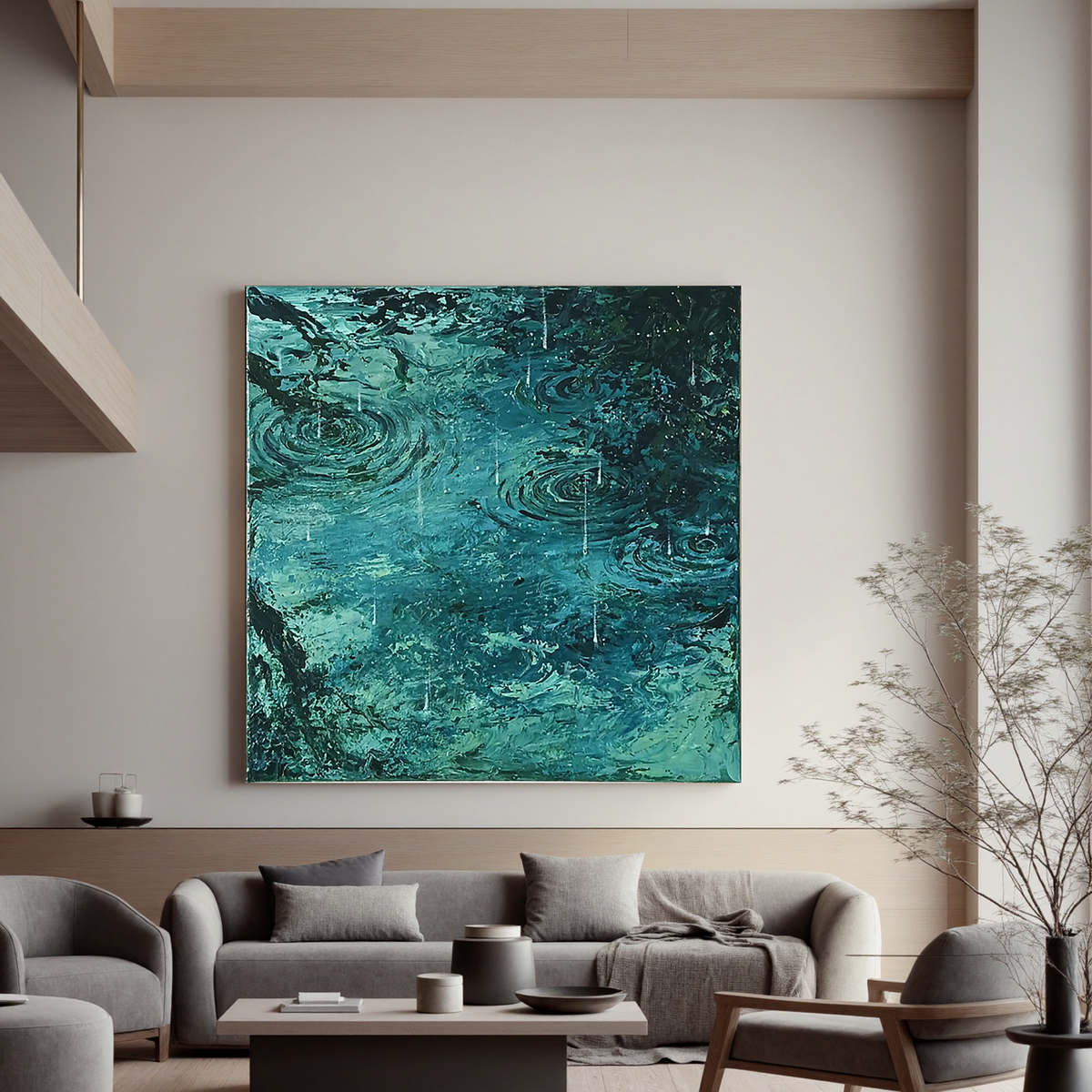 Teal Rain Ripple Oil Painting, Abstract Water Wall Art for Living Room Decor#OA 0604