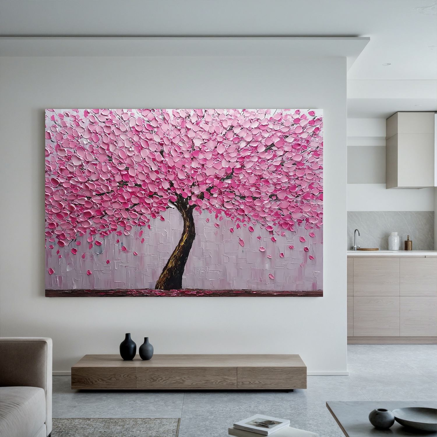 Pink Cherry Blossom Tree Oil Painting | Textured Floral Wall Art for Modern Living Room & Bedroom #OA 0425