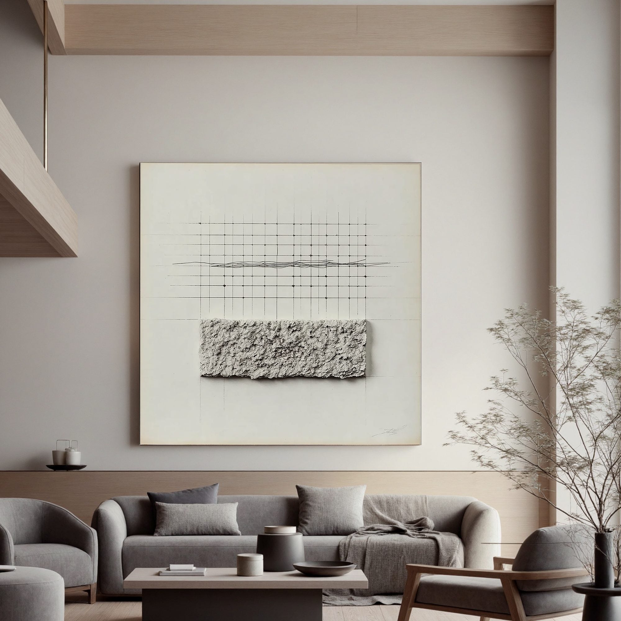 Minimal Geometric Textured Wall Art, Neutral Grid Line Canvas Painting for Modern Living Room Décor #OA 0403
