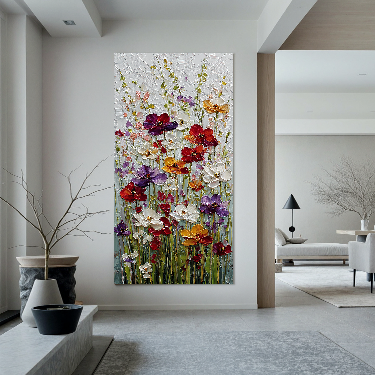 Colorful Wildflower Canvas Wall Art – Textured Floral Field Painting for Modern Home Decor#OA 0850