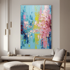 Pink and Blue Abstract Floral Oil Painting, Textured Blossom Wall Art for Living Room Decor#OA 0509