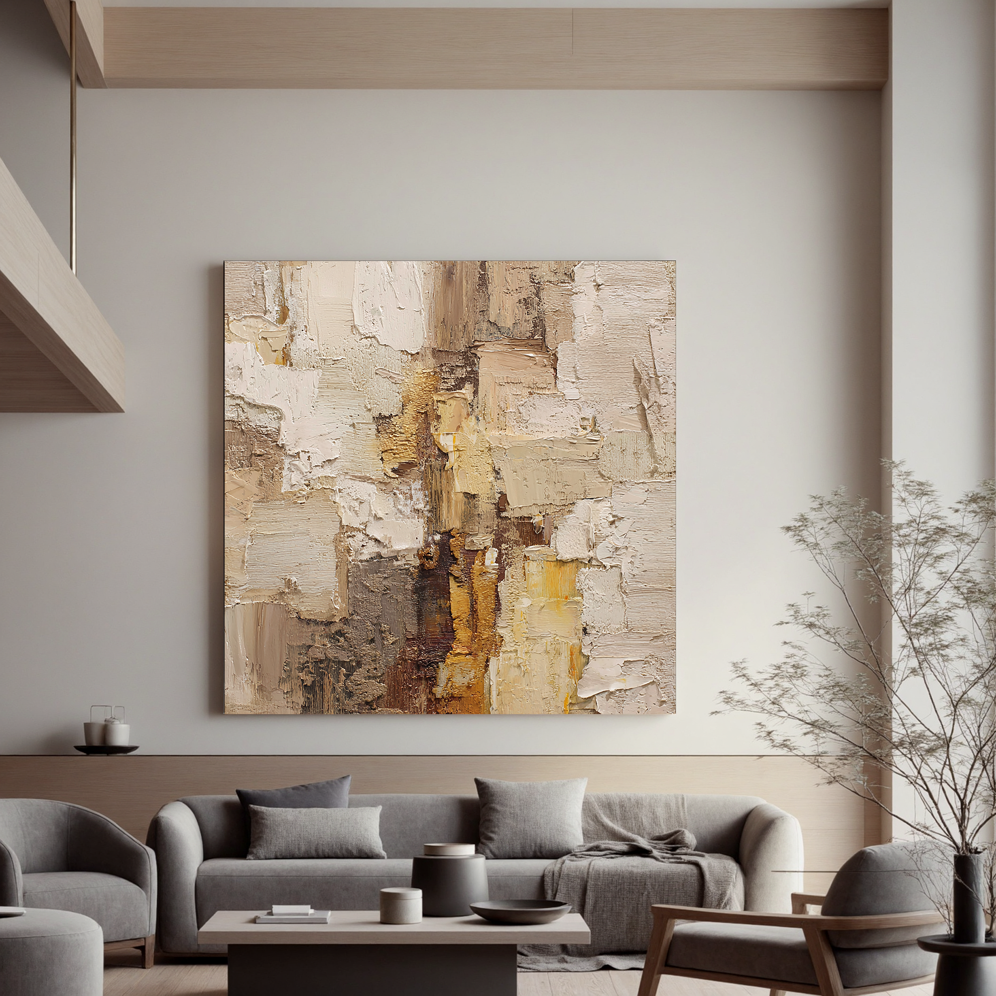 Warm Neutral Textured Abstract Wall Art – Beige and Gold Canvas Painting for Modern Living Room Decor#OA 824