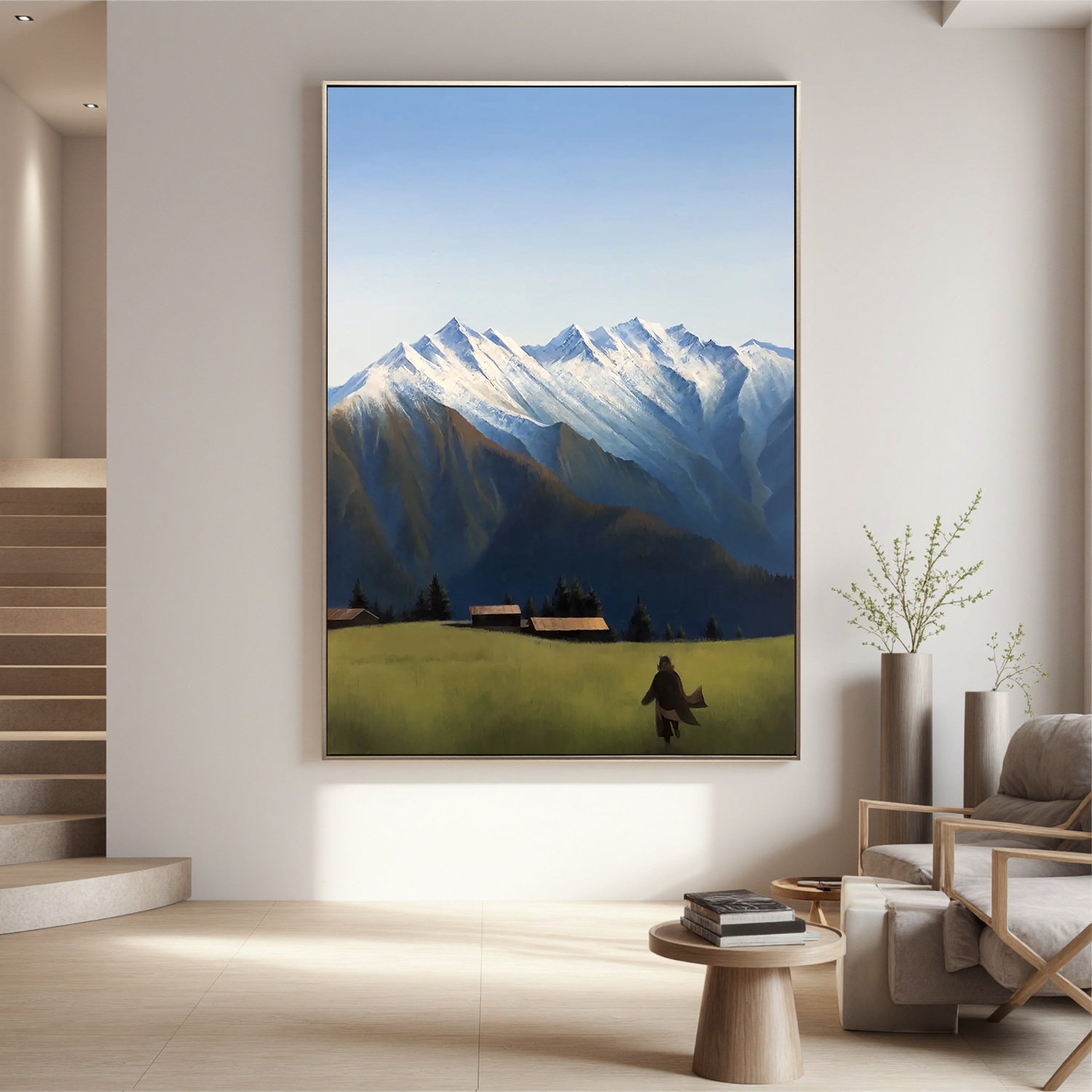Snow-Capped Mountain Landscape Wall Art, Alpine Meadow with Cabins Canvas Painting for Living Room Decor #OA 0766
