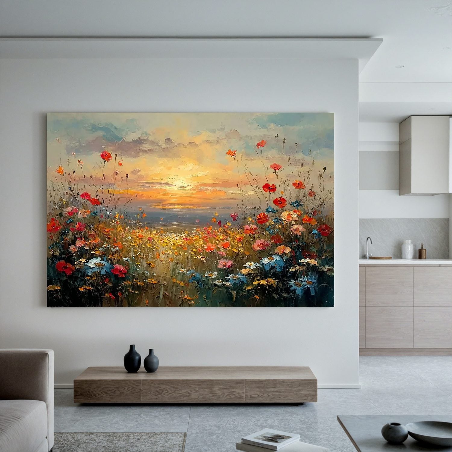 Sunset Wildflower Meadow Wall Art, Colorful Floral Landscape Canvas Painting for Living Room Décor #OA 0415