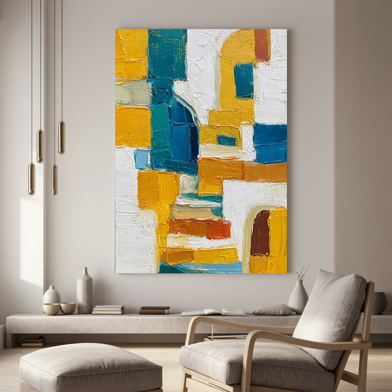 Abstract Geometric Oil Painting, Yellow and Blue Textured Wall Art for Living Room Decor#OA 0537