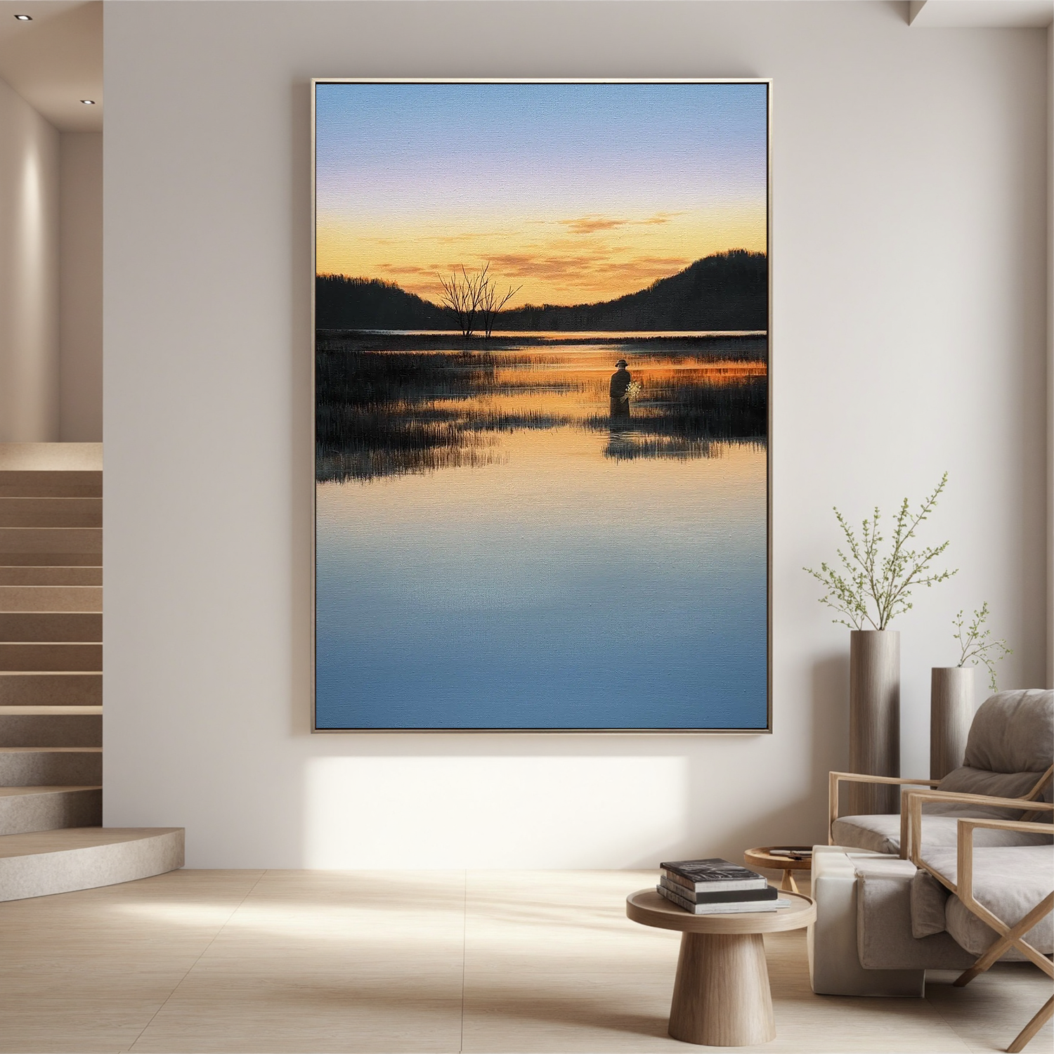 Serene Sunset Lake Wall Art with Solitary Figure, Peaceful Reflection Landscape Canvas for Living Room Decor #OA 0750