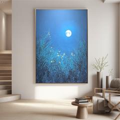 Moonlight Wildflower Oil Painting, Blue Night Landscape Wall Art for Bedroom Decor#OA 0618