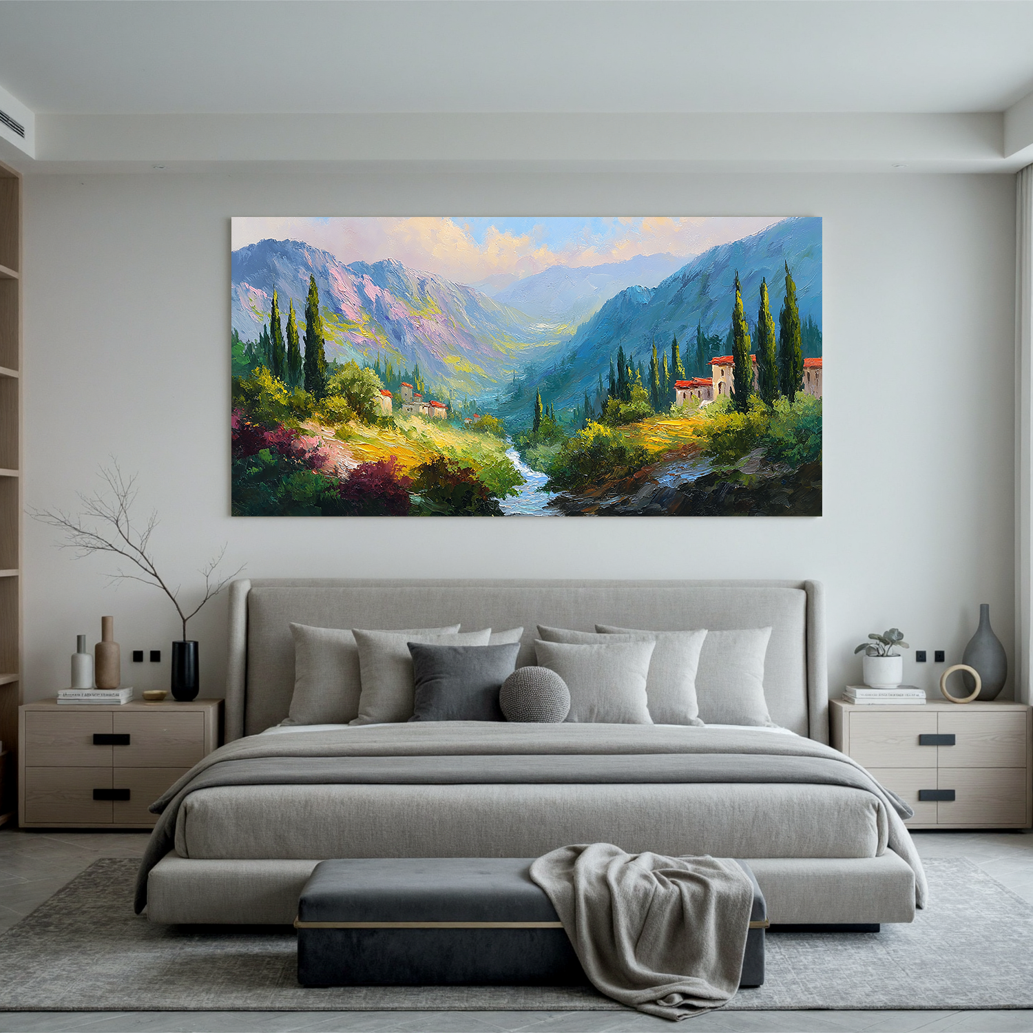 Large Mediterranean Mountain Landscape Oil Painting – Scenic Valley Canvas Wall Art#OA 0889