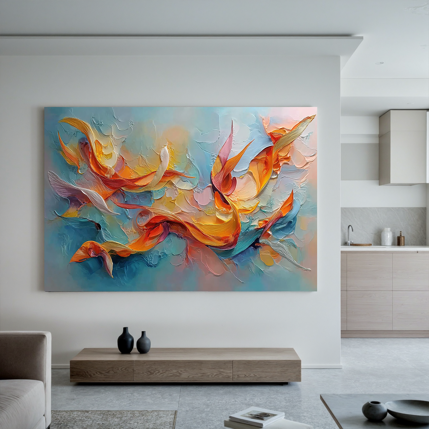 Abstract Fluid Oil Painting Canvas – Modern Orange Blue Wall Art for Living Room Contemporary Home Decor #OA 0472