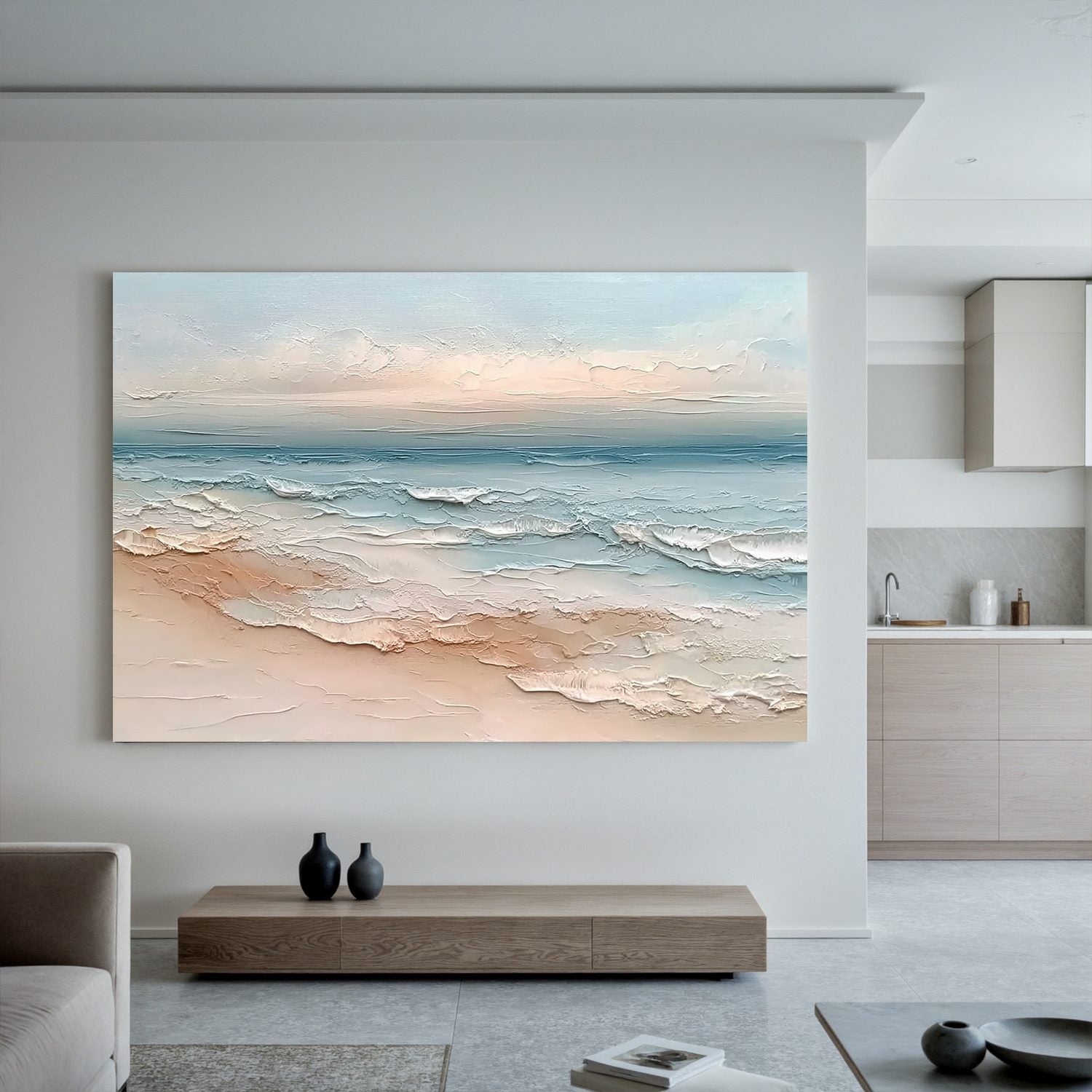Soft Coastal Beach Oil Painting | Textured Ocean Wave Wall Art for Modern Coastal Living Room Decor #OA 0430