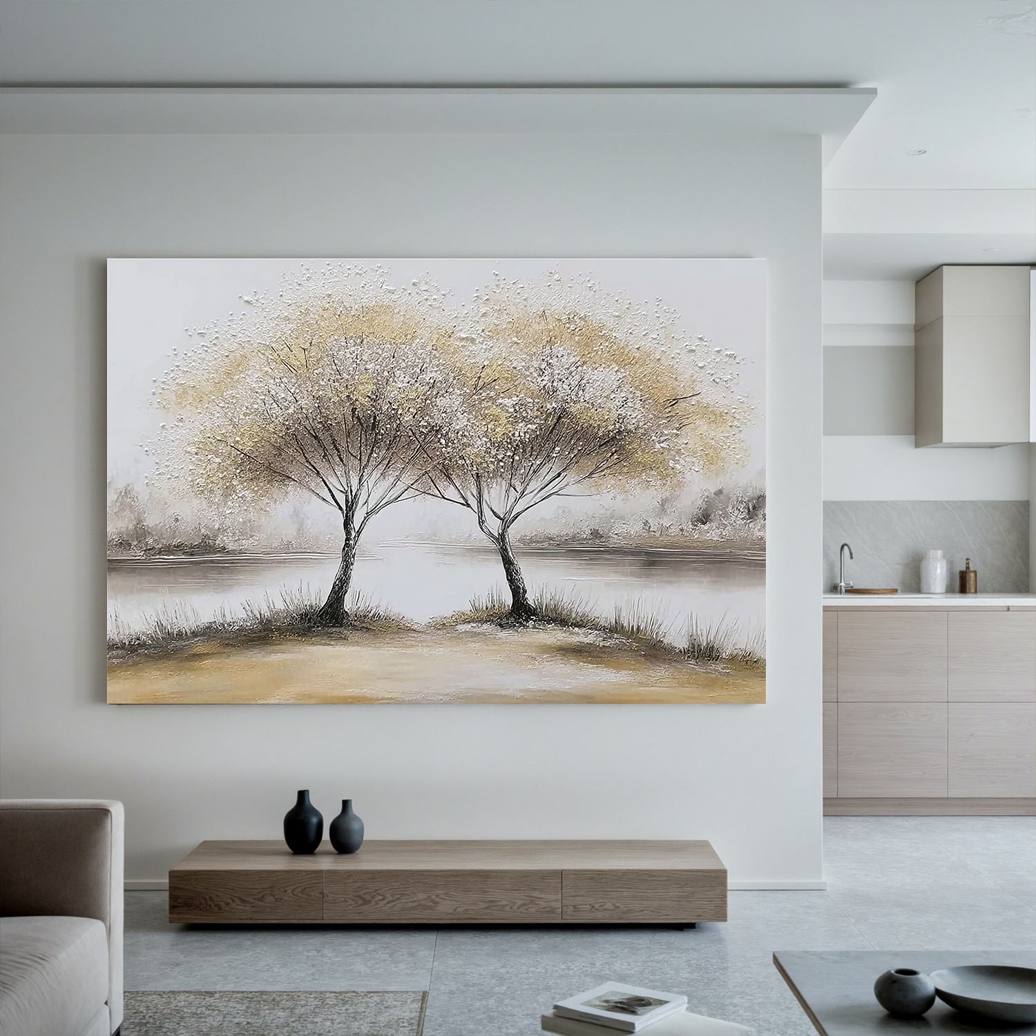 Lakeside Tree Wall Art, Neutral Twin Trees Landscape Canvas Painting for Living Room Décor #OA 0421