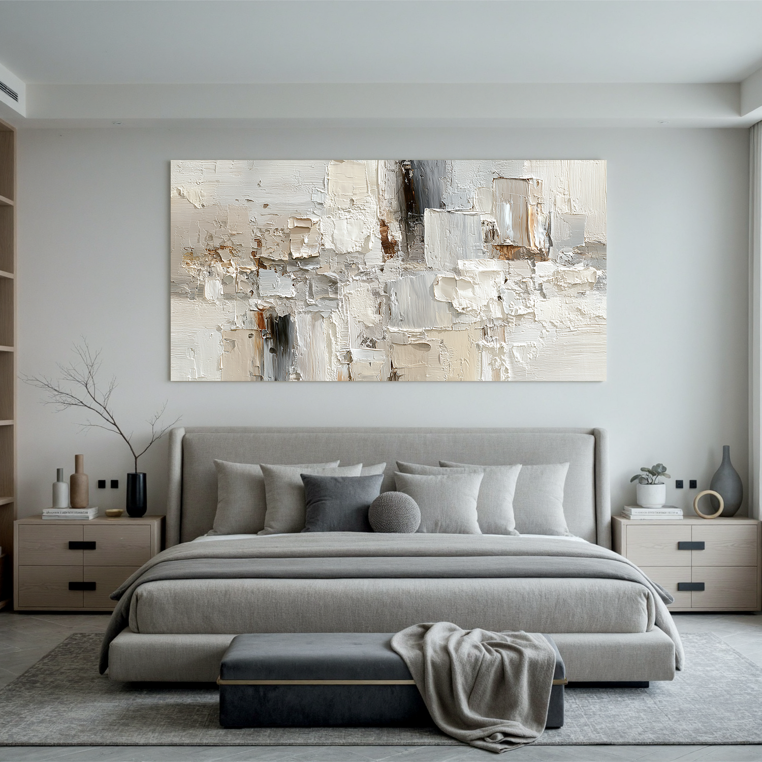 Large Neutral Textured Abstract Canvas Wall Art – Horizontal Impasto Painting in Cream White for Modern Living Room Decor#OA 0880