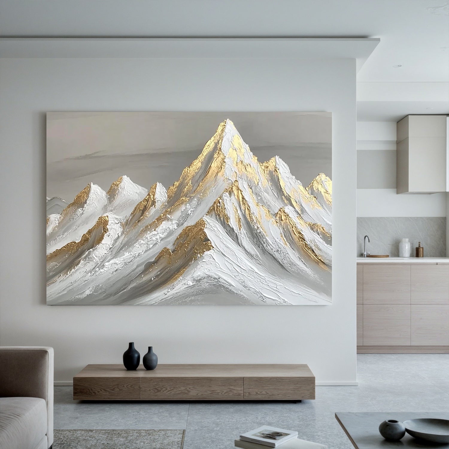 Gold Textured Mountain Oil Painting | Luxury Abstract Snow Mountain Wall Art for Modern Living Room #OA 0428