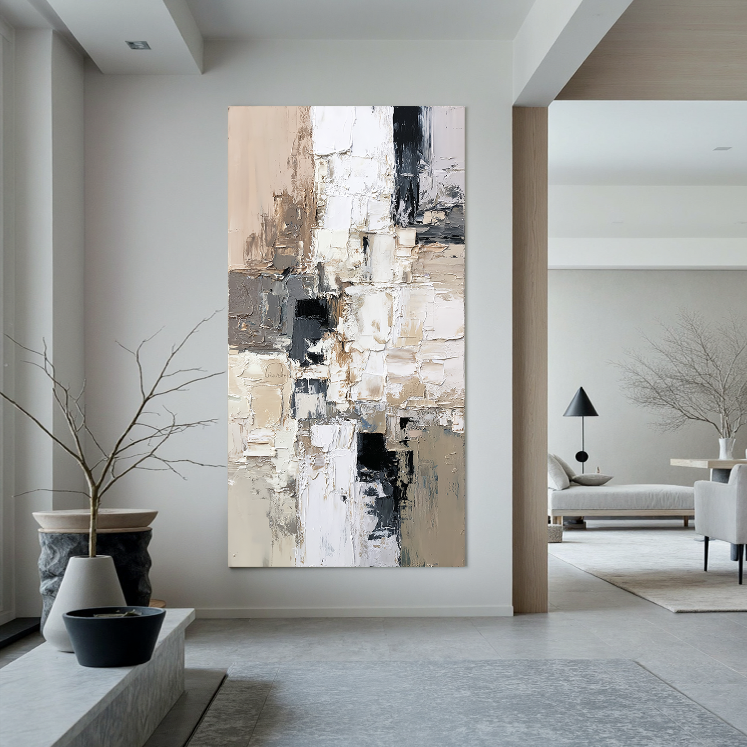 Vertical Neutral Abstract Canvas Wall Art – Textured Black White Beige Painting for Modern Home Decor#OA 0875