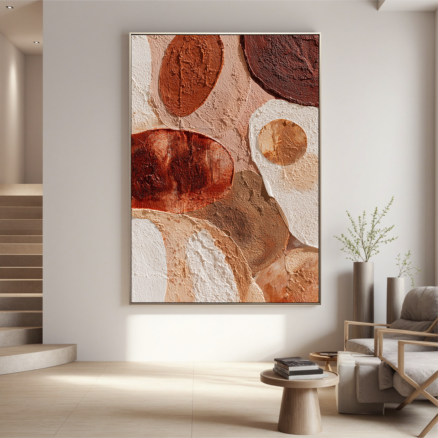 Large Vertical Abstract Circle Canvas Wall Art – Boho Earth Tone Textured Painting for Modern Home Decor#OA 0840