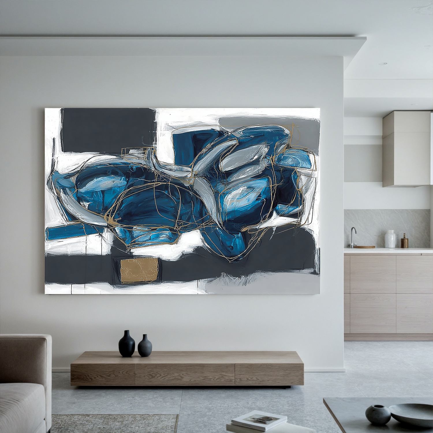 Blue Abstract Wall Art, Modern Black White and Gold Line Canvas Painting for Living Room Décor #OA 0418