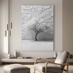 Gray Tree Oil Painting, Minimalist Textured Landscape Wall Art for Living Room Decor#OA 0586