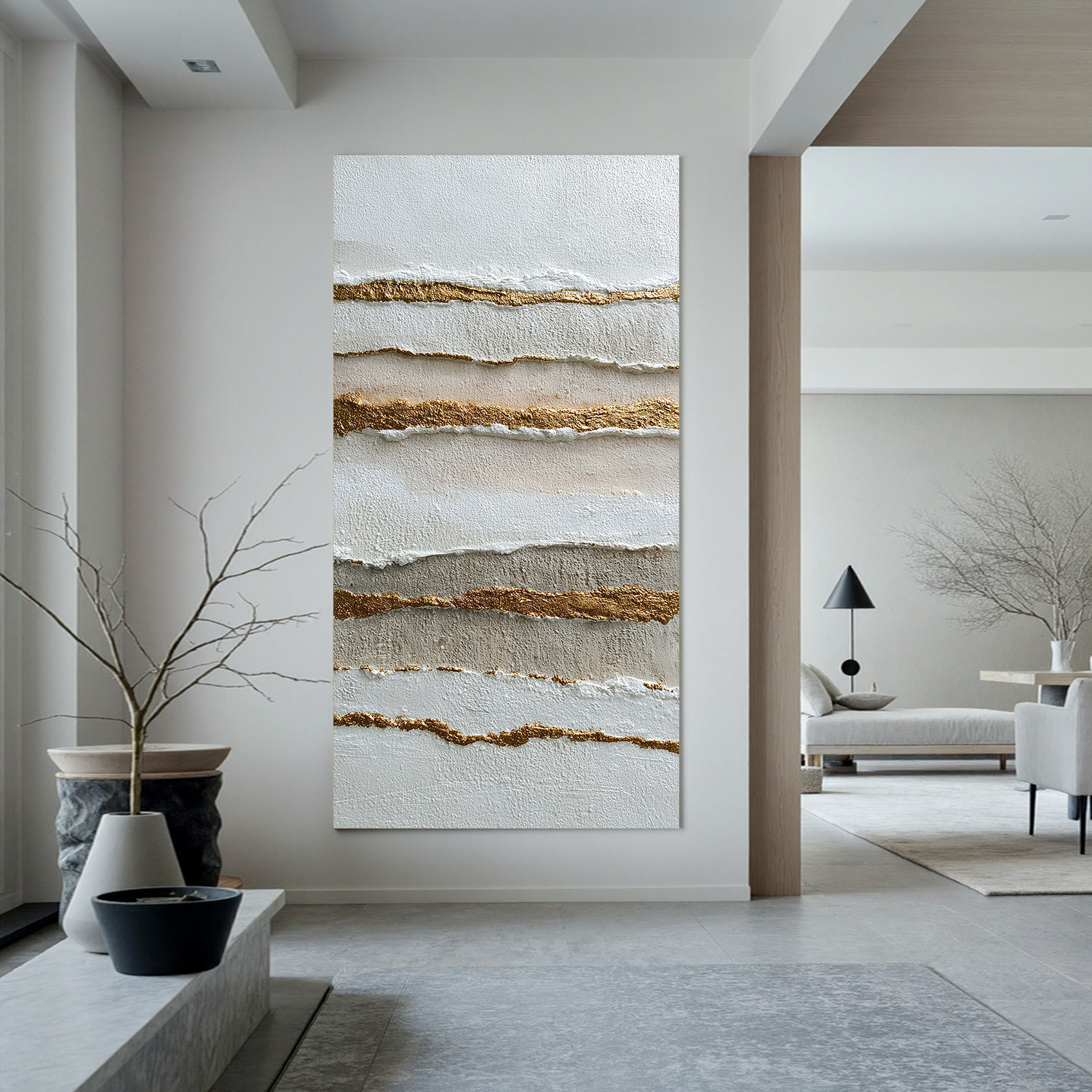 Minimalist Abstract Texture Canvas Wall Art – Neutral Beige White and Gold Vertical Painting for Modern Living Room Decor#OA 0869
