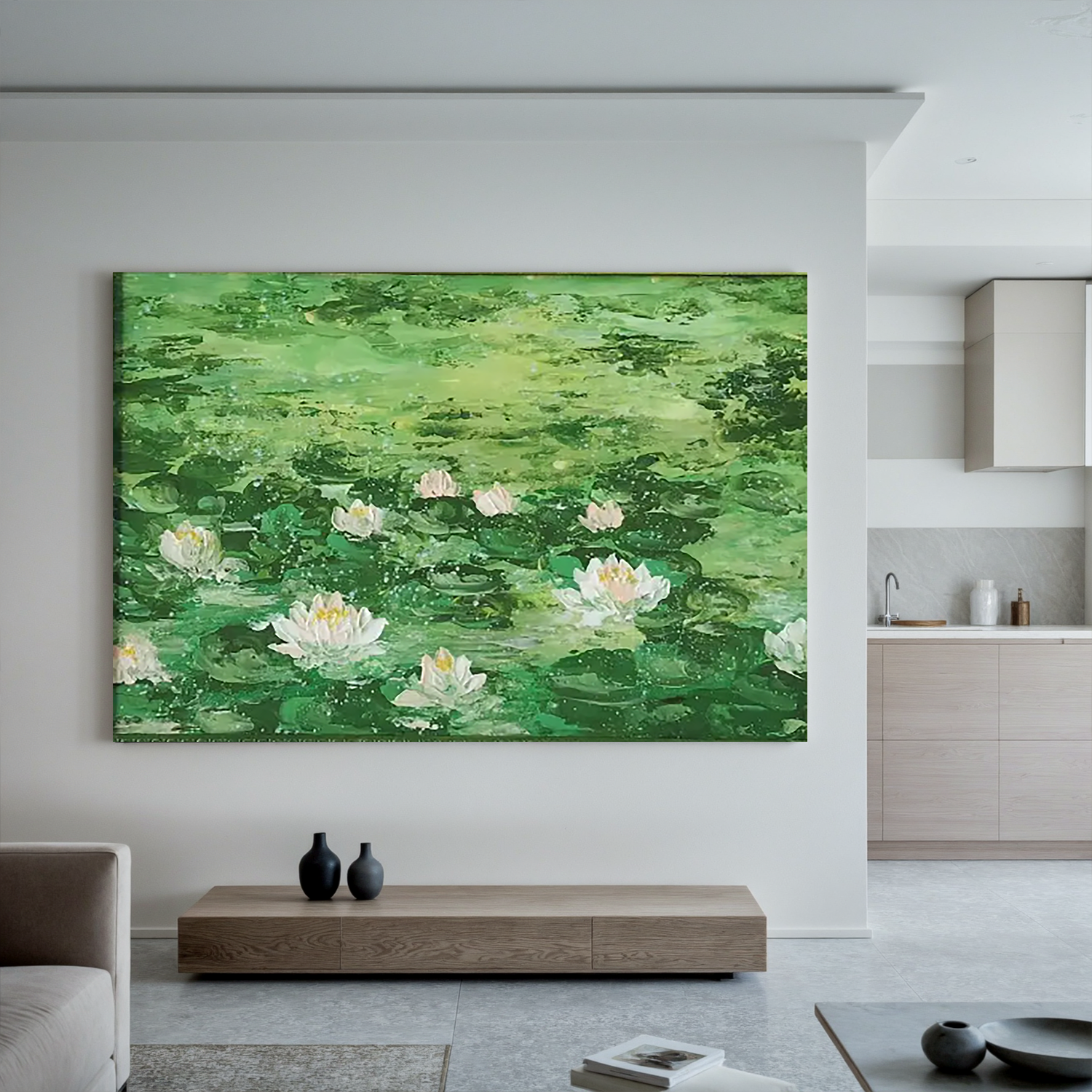Green Lotus Pond Oil Painting, White Water Lily Wall Art for Living Room Decor#OA 0605
