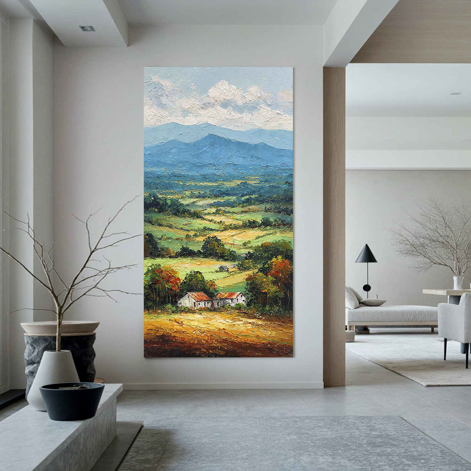Vertical Countryside Landscape Oil Painting – Rustic Mountain Valley Canvas Wall Art#OA 0891