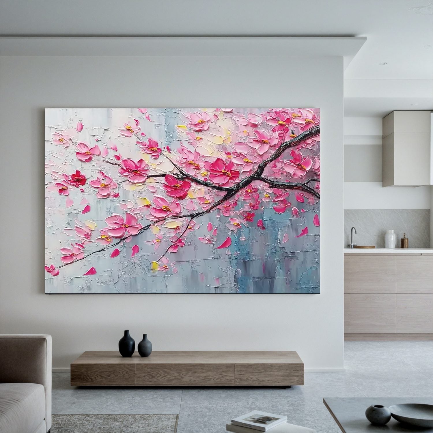 Cherry Blossom Branch Wall Art, Pink Textured Floral Canvas Painting for Living Room Décor #OA 0420