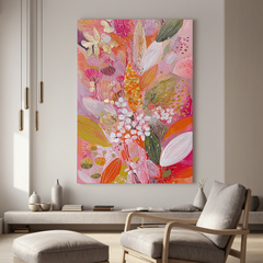 Pink Orange Floral Oil Painting, Colorful Botanical Wall Art for Living Room Decor #OA 0576