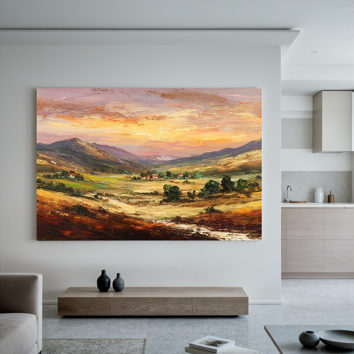 Large Sunset Mountain Landscape Canvas Wall Art – Warm Valley Oil Painting for Living Room Decor#OA 0885