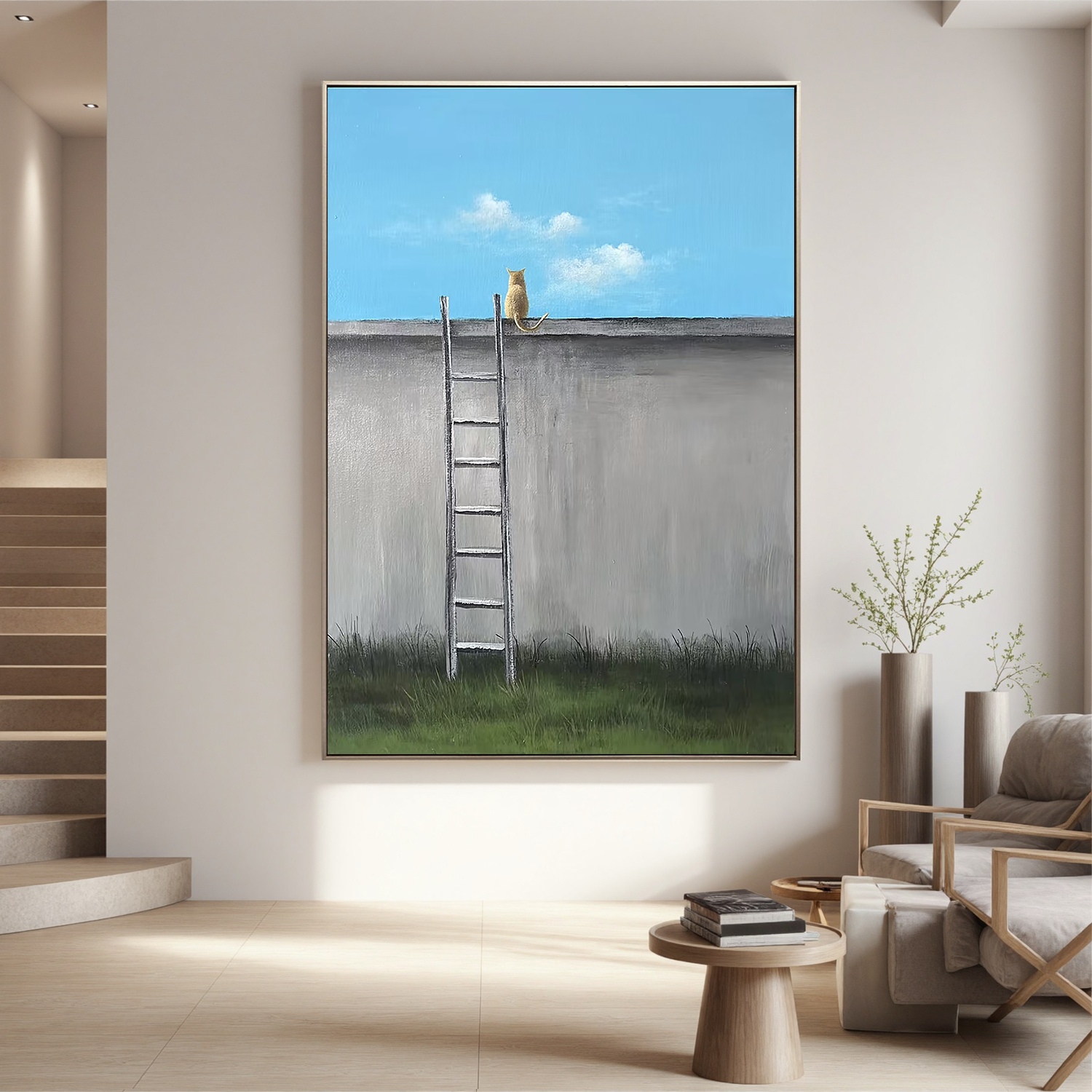 Minimalist Cat on Wall with Ladder Wall Art, Nordic Style Animal Canvas Painting for Living Room Decor #OA 0778