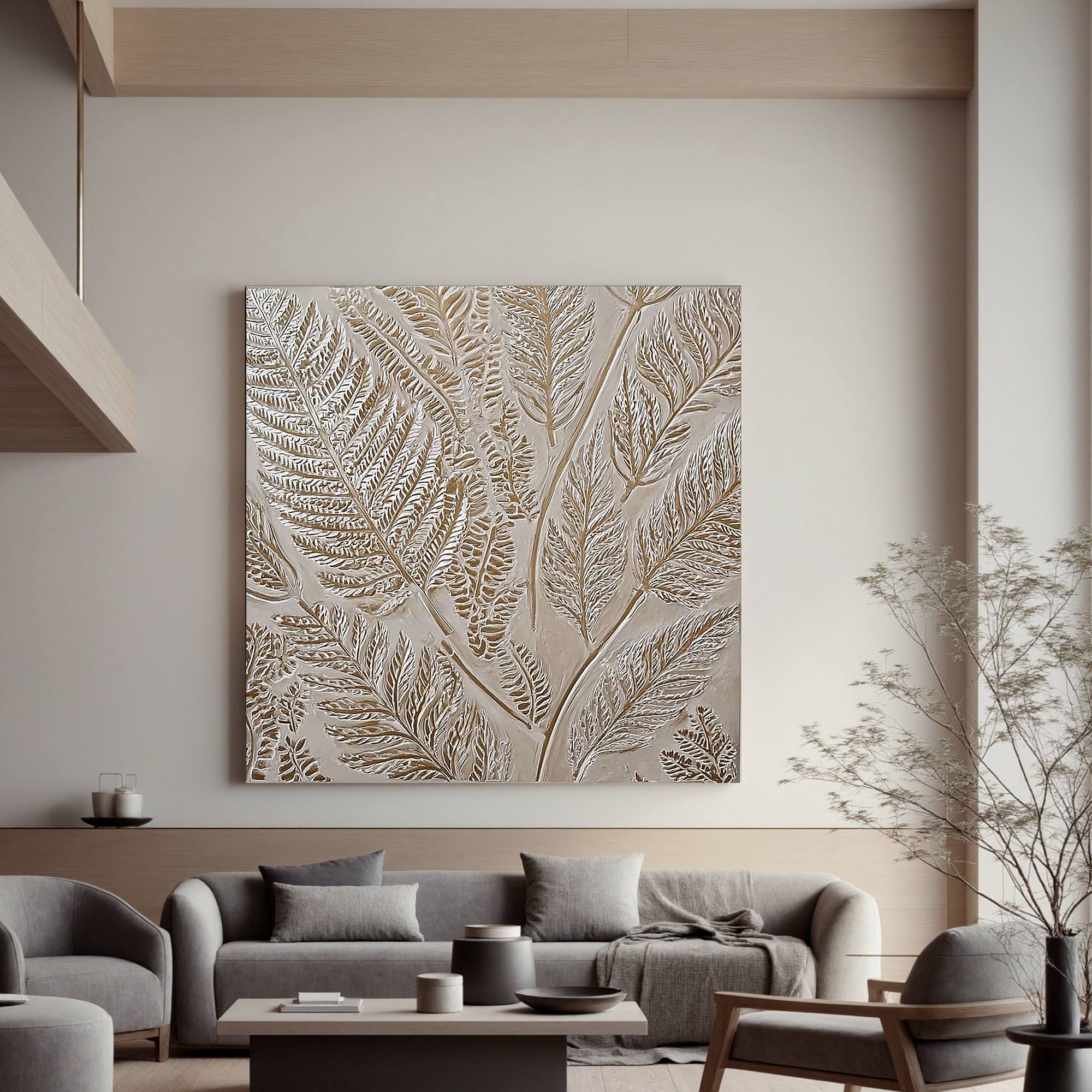 Neutral Botanical Textured Wall Art – Hand Painted Beige Fern Canvas Painting for Modern Minimalist Living Room Decor #OA 0433