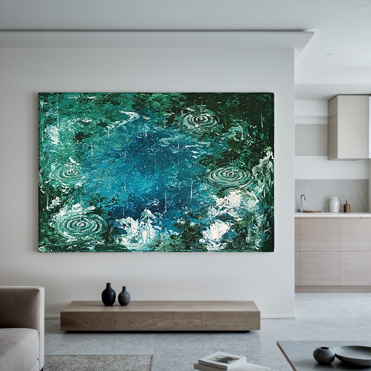 Teal Rain Ripple Oil Painting, Abstract Water Wall Art for Living Room Decor#OA 0609