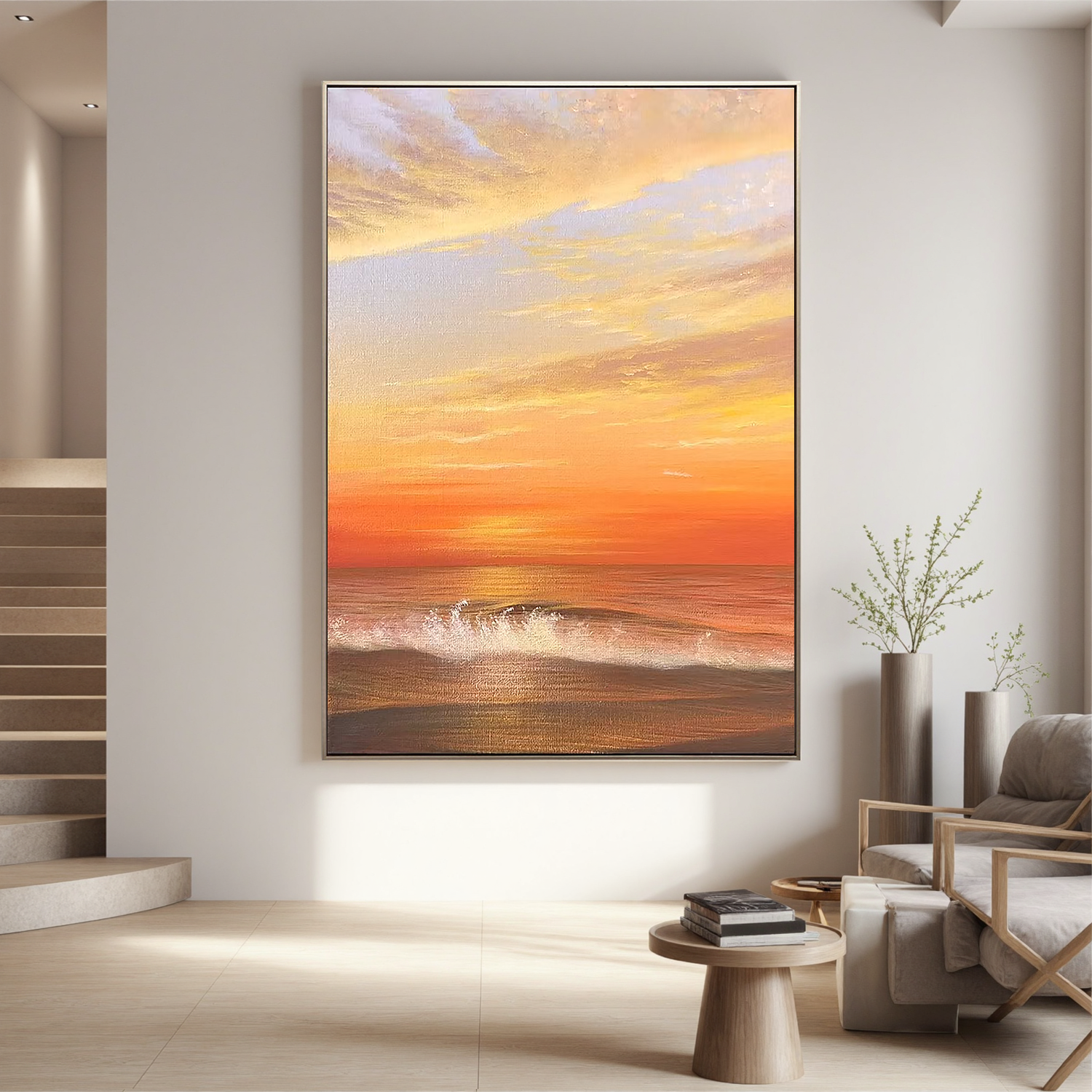 Golden Ocean Sunset Wall Art, Seascape Canvas Painting with Waves for Living Room and Bedroom Decor #OA 0775