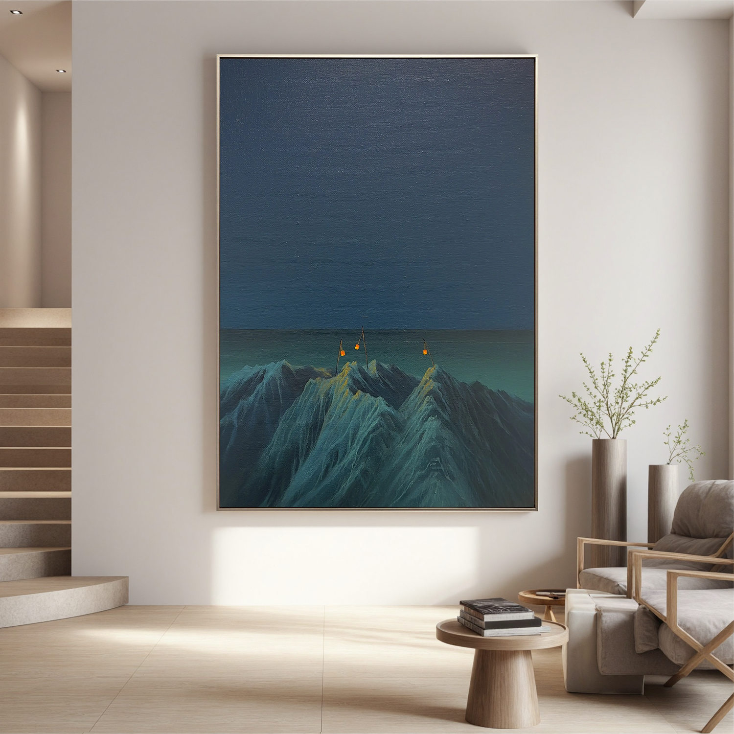 Surreal Mountain Night Wall Art with Hanging Lanterns, Minimalist Blue Landscape Canvas for Living Room Decor #OA 0746