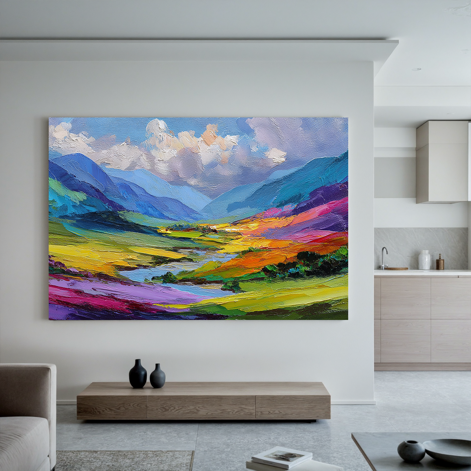 Large Colorful Mountain Landscape Canvas Wall Art – Vibrant Valley Oil Painting for Living Room Decor#OA 0884
