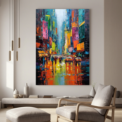 Colorful City Street Oil Painting, Abstract Urban Wall Art for Living Room Decor#OA 0533