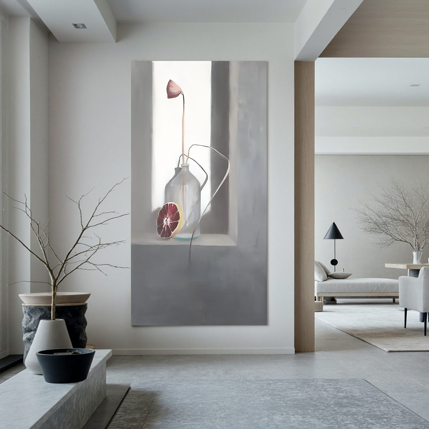 Bottle with Grapefruit-Minimalist Bottle Still Life Wall Art