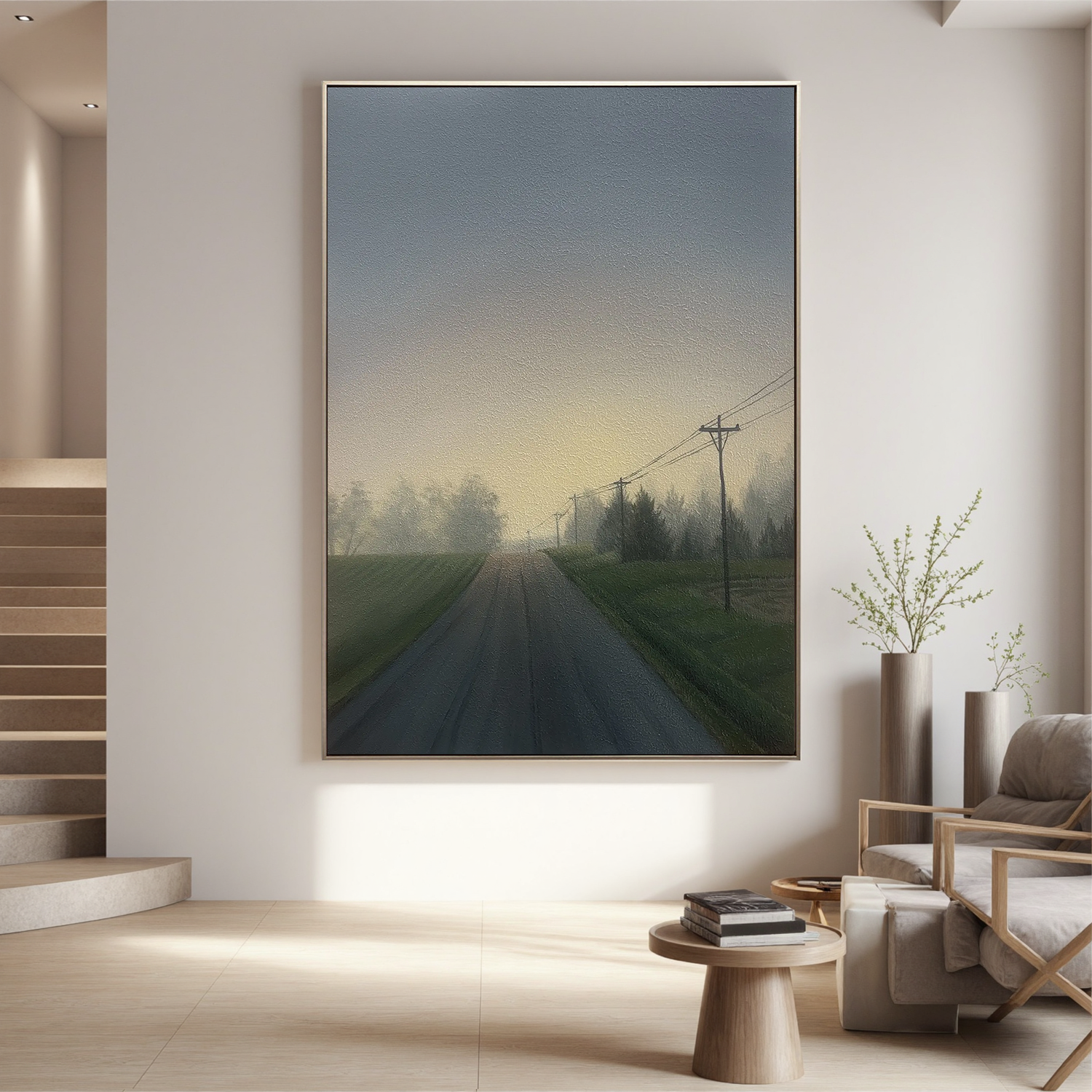 Misty Country Road Landscape Wall Art, Foggy Morning Rural Canvas Painting for Living Room Decor #OA 0759
