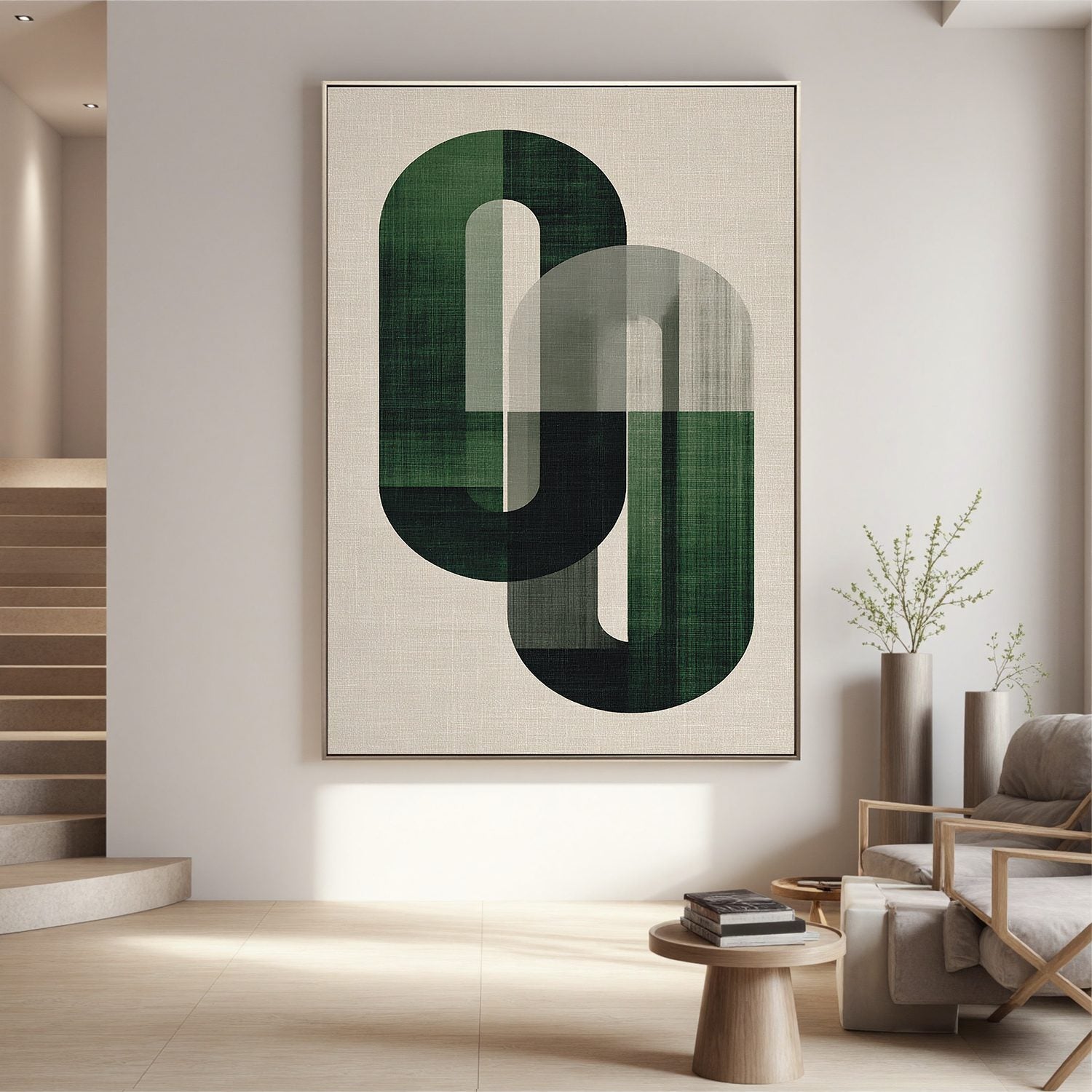 Modern Green Geometric Abstract Wall Art, Emerald Arch Shape Canvas Painting for Living Room Décor #OA 0007