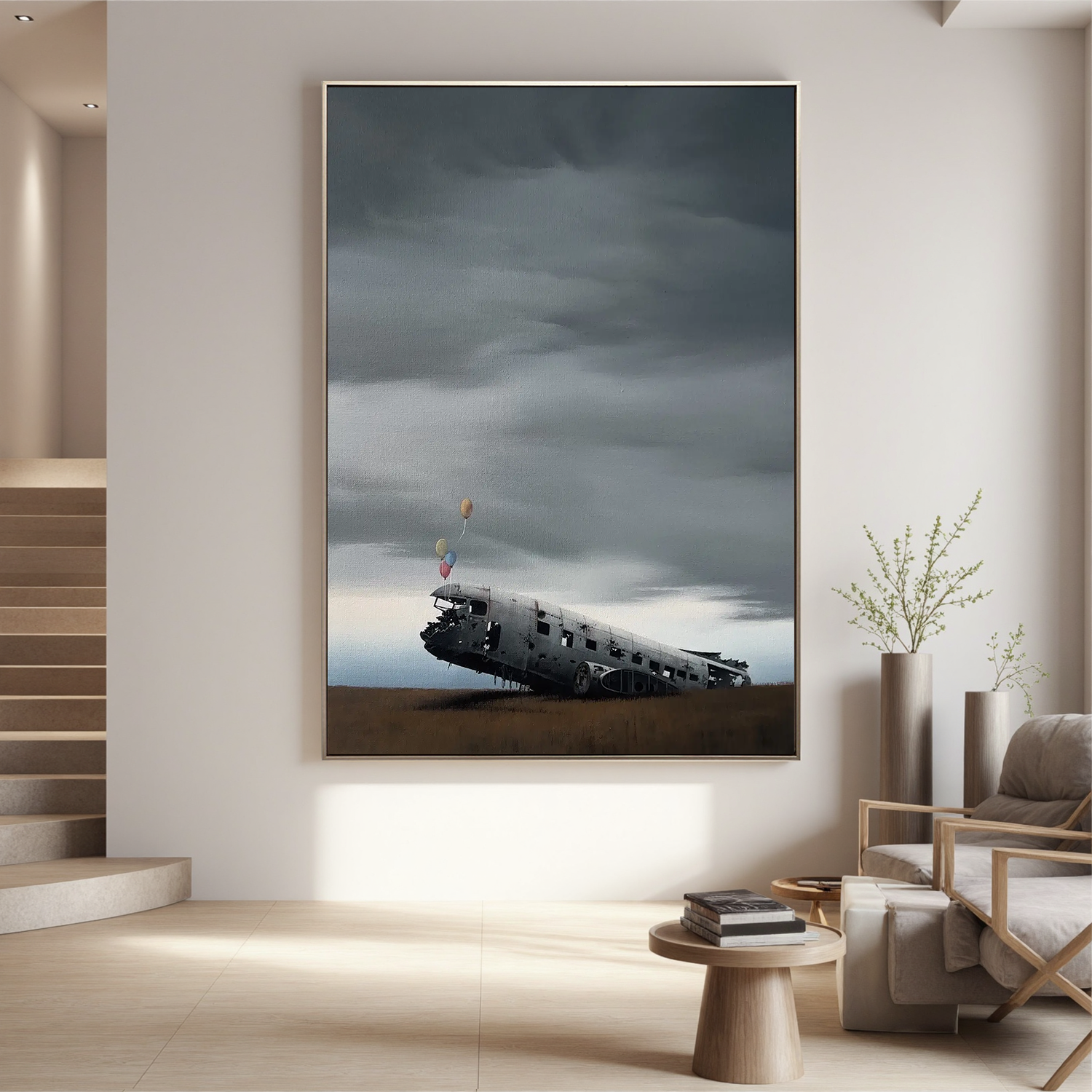 Surreal Airplane Wreck with Balloons Wall Art, Moody Landscape Canvas Painting for Modern Living Room Decor #OA 0761