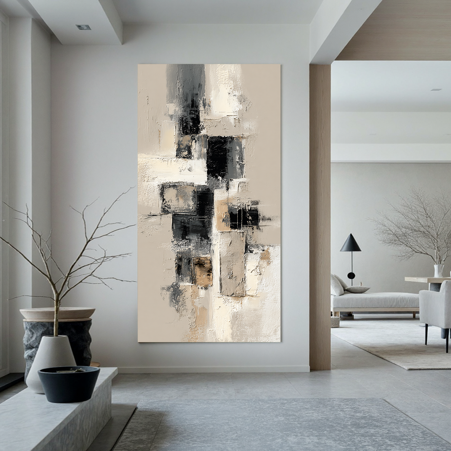 Vertical Black and White Abstract Canvas Wall Art – Textured Neutral Minimalist Painting for Modern Home Decor#OA 0877