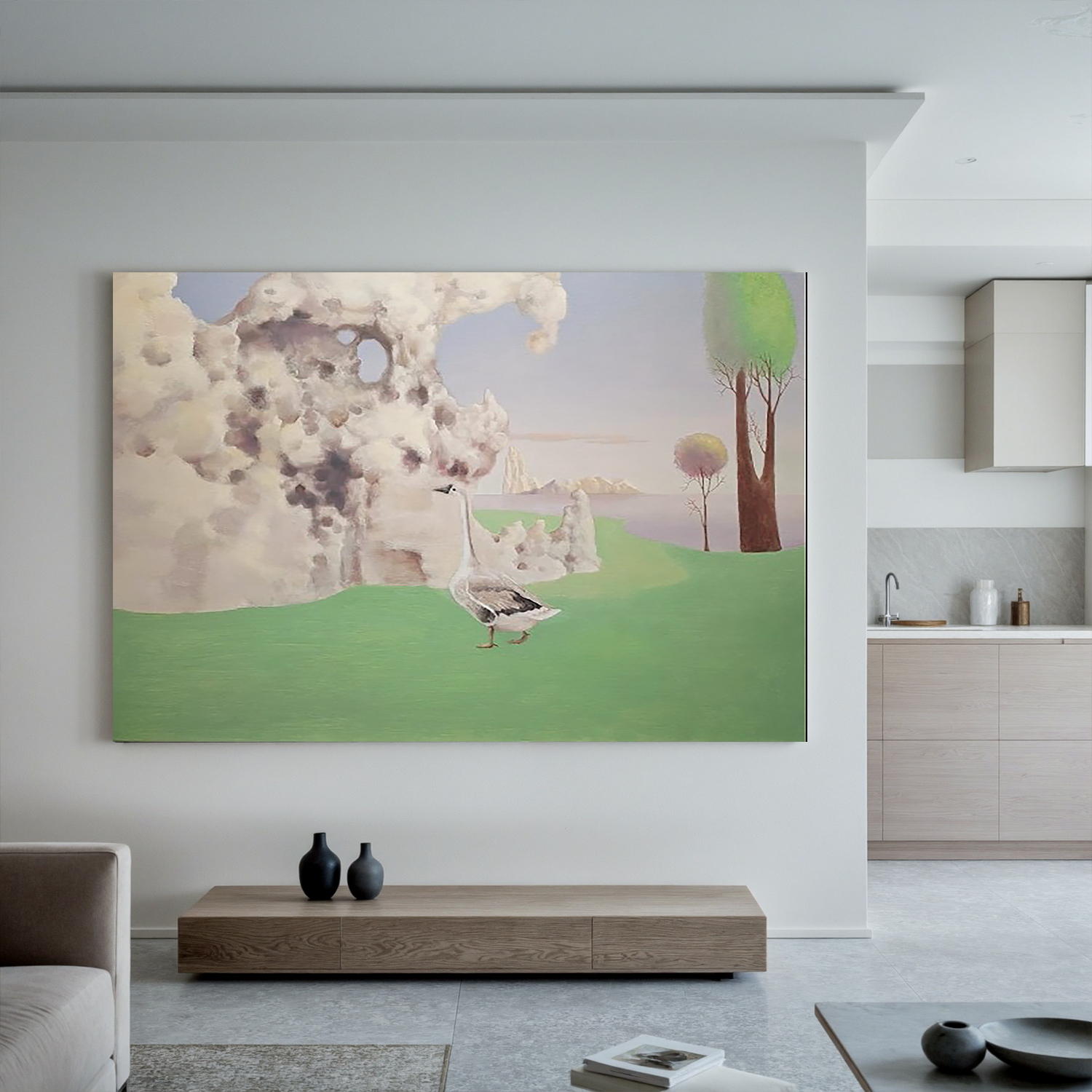 Goose in a Dream Field-Surreal Goose Landscape Wall Art