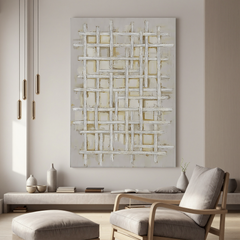 White Textured Abstract Oil Painting, Minimalist Woven Wall Art for Living Room Decor#OA 0559