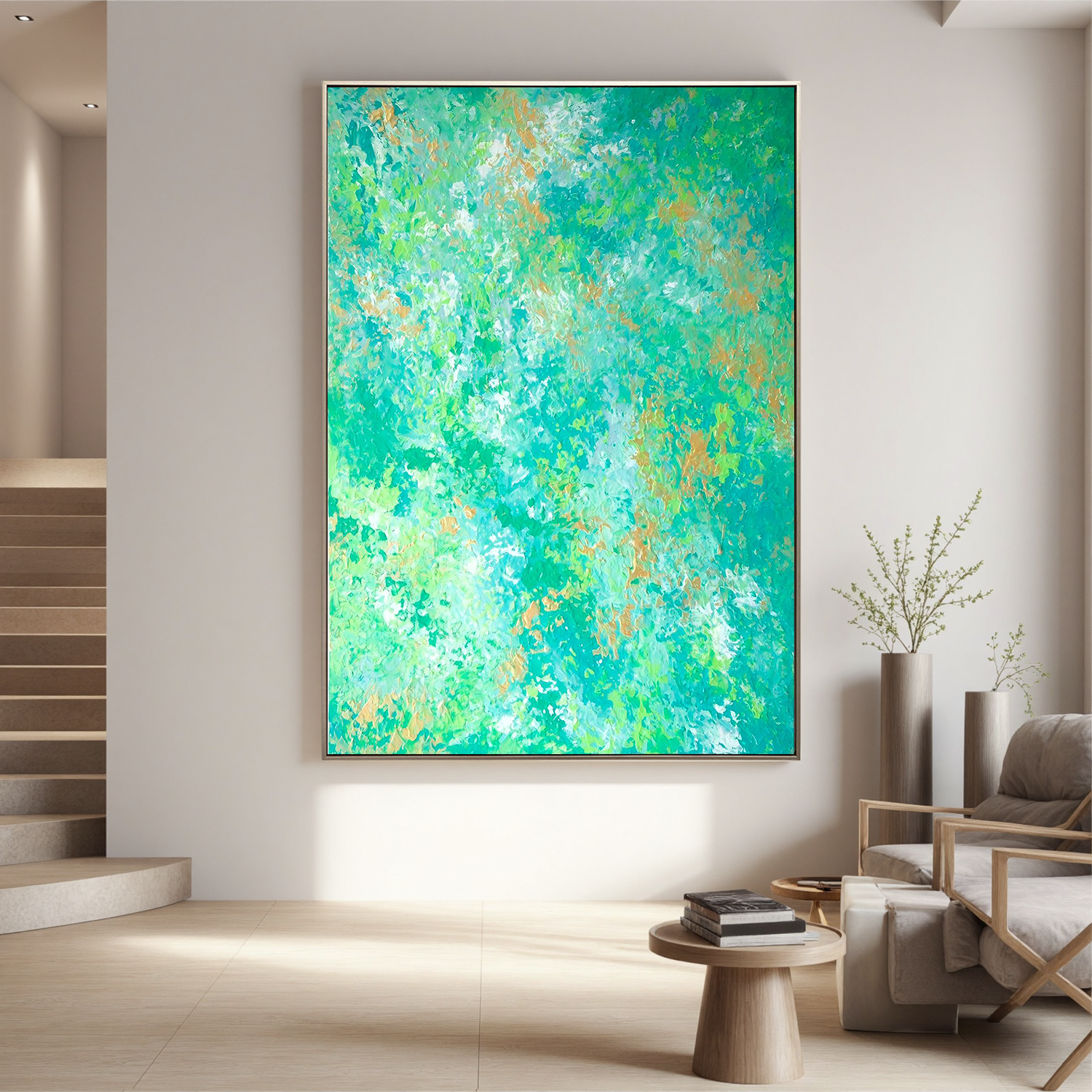 Green Abstract Oil Painting – Modern Textured Canvas Wall Art Inspired by Nature for Living Room Decor # OA 0821