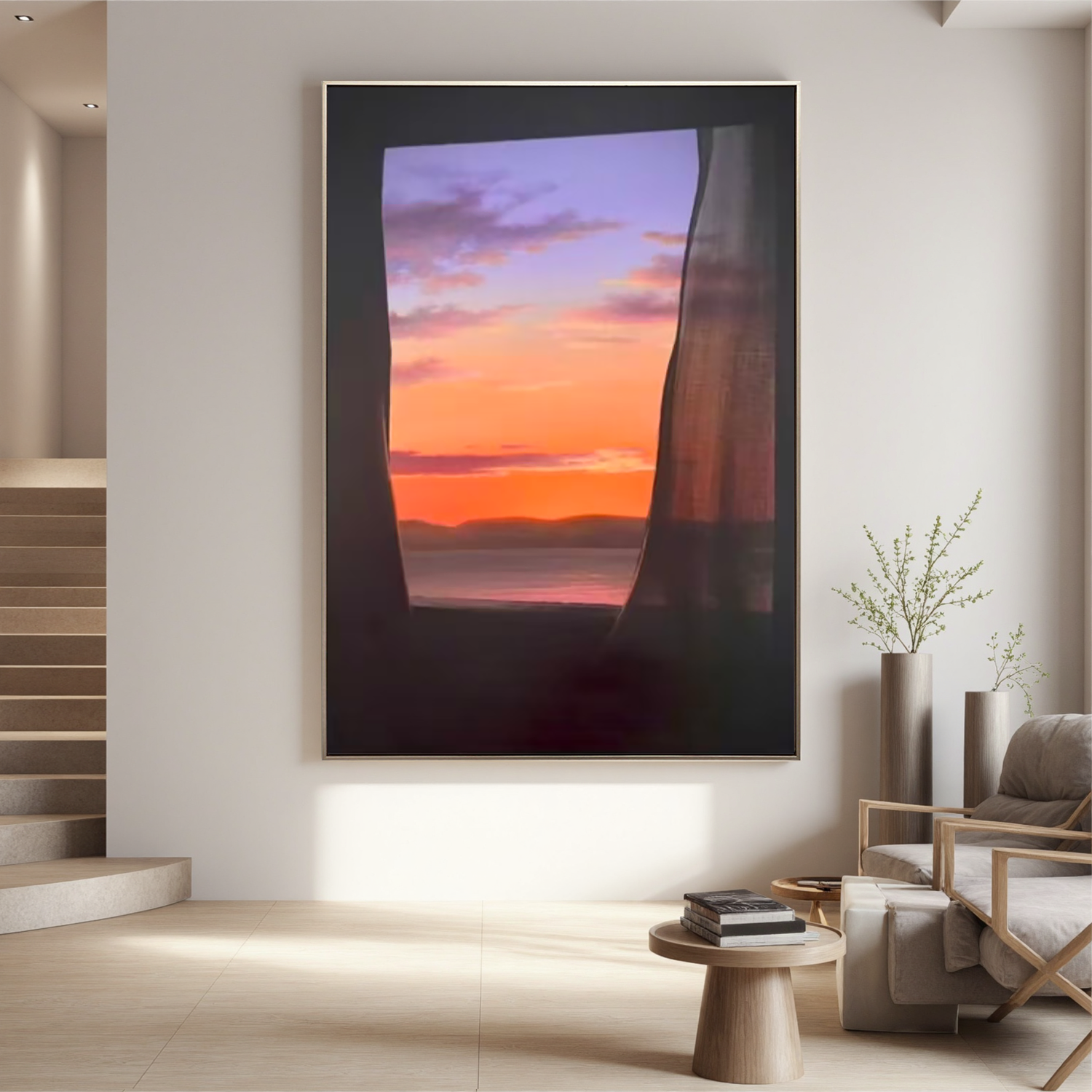 Sunset Ocean View Through Window Wall Art, Romantic Seascape Canvas Painting, Serene Coastal Landscape Decor for Living Room #OA 0784