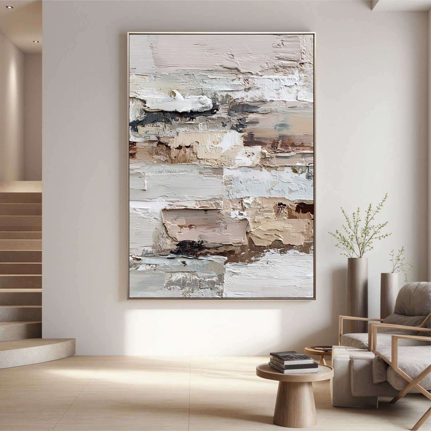 Light Neutral Textured Abstract Wall Art – Beige and White Minimalist Canvas Painting for Modern Living Room Decor#OA 826