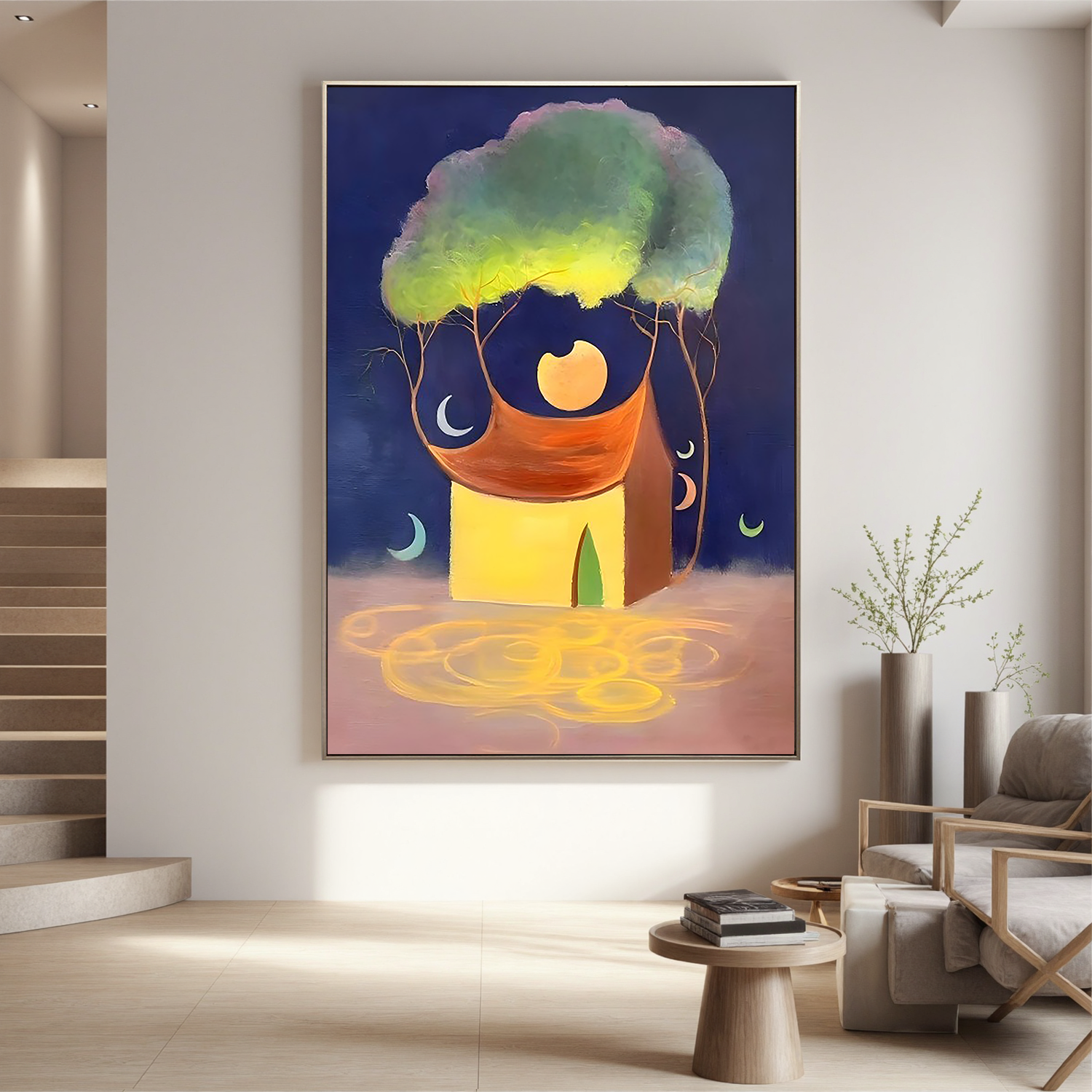 Moonlit Dream House-Surreal Moonlit House Landscape Wall Art