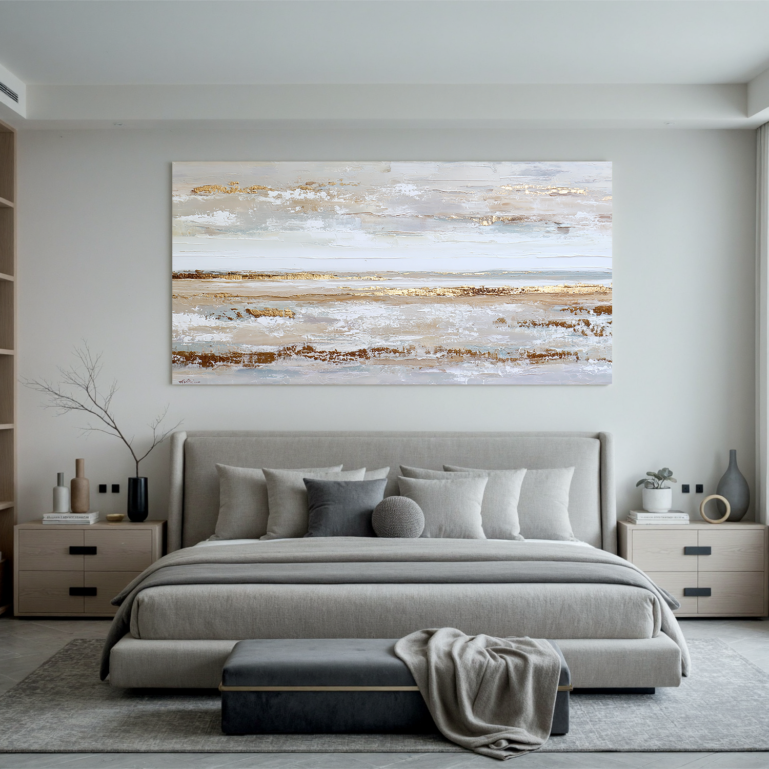 Large Coastal Abstract Canvas Wall Art – Textured Neutral Beige Ocean Landscape Painting for Living Room Decor#OA 0859