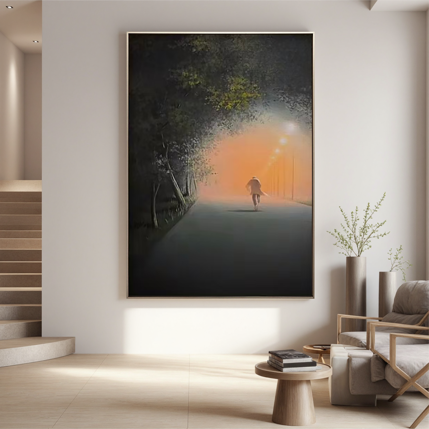 Moody Foggy Street Wall Art, Solitary Figure Walking Under Streetlights Canvas Painting for Modern Home Decor #OA 0767
