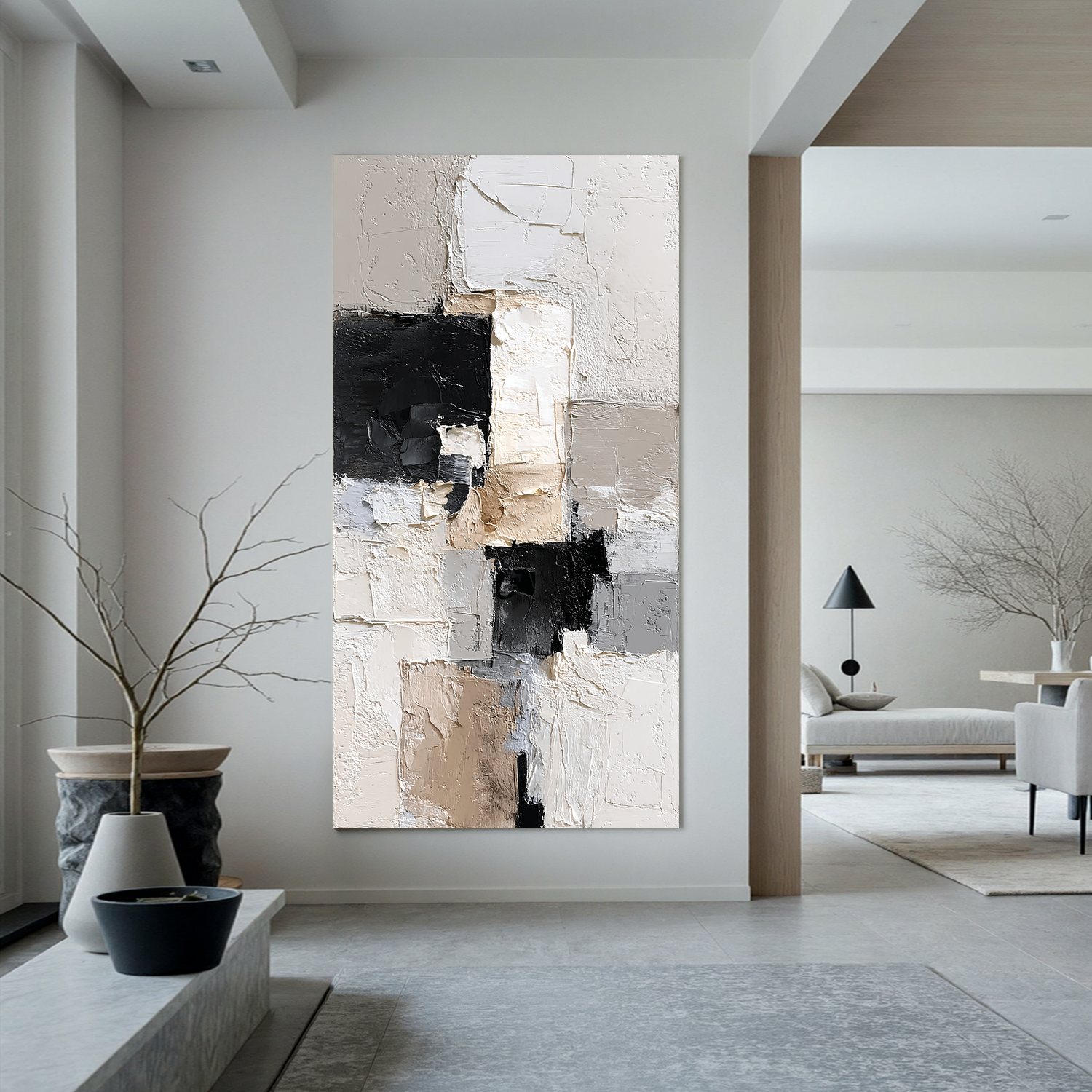 Vertical Neutral Abstract Canvas Wall Art – Textured Black White Beige Minimalist Painting for Modern Home Decor#OA 0876