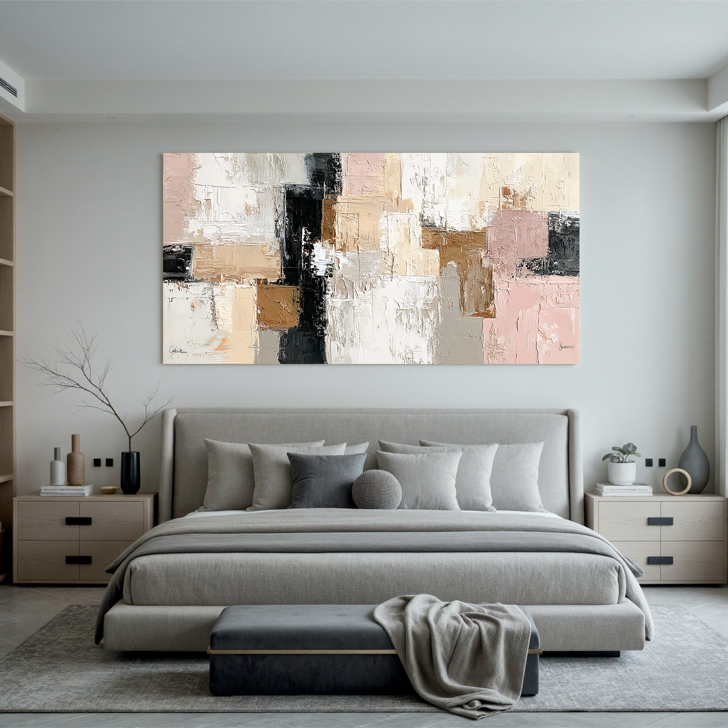 Large Neutral Abstract Canvas Wall Art – Textured Beige Blush Pink Painting for Modern Living Room Decor#OA 0873