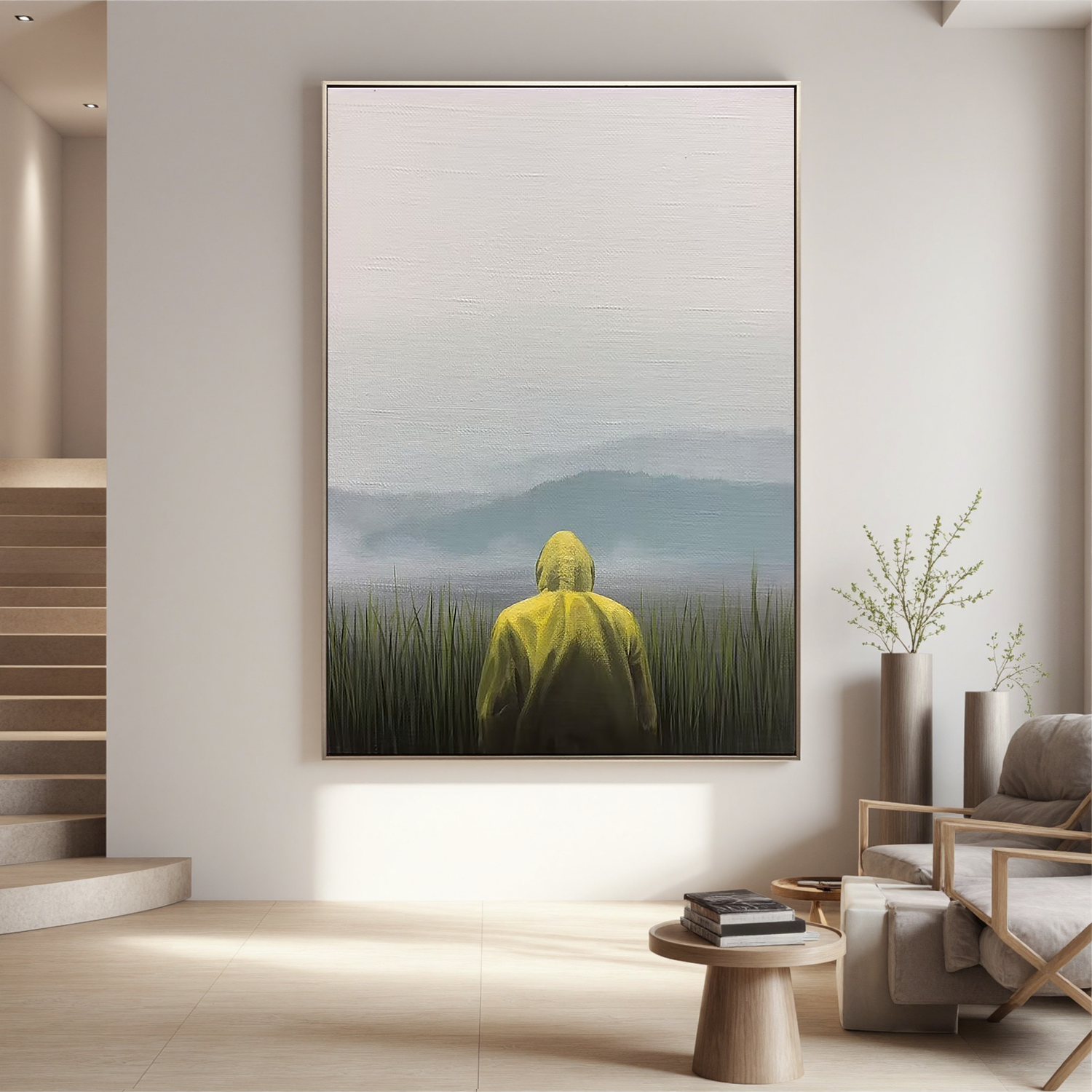 Misty Lake Landscape Wall Art with Yellow Raincoat Figure – Minimalist Nature Canvas for Living Room Decor #OA 0807